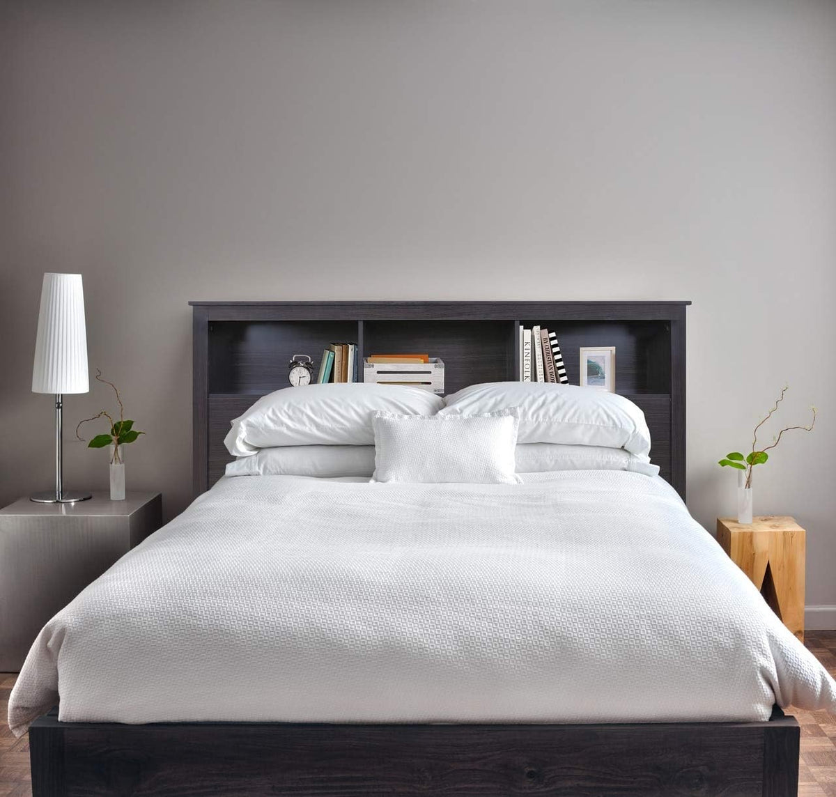 Queen Size Solid Black Wood Bookcase Headboard V9689