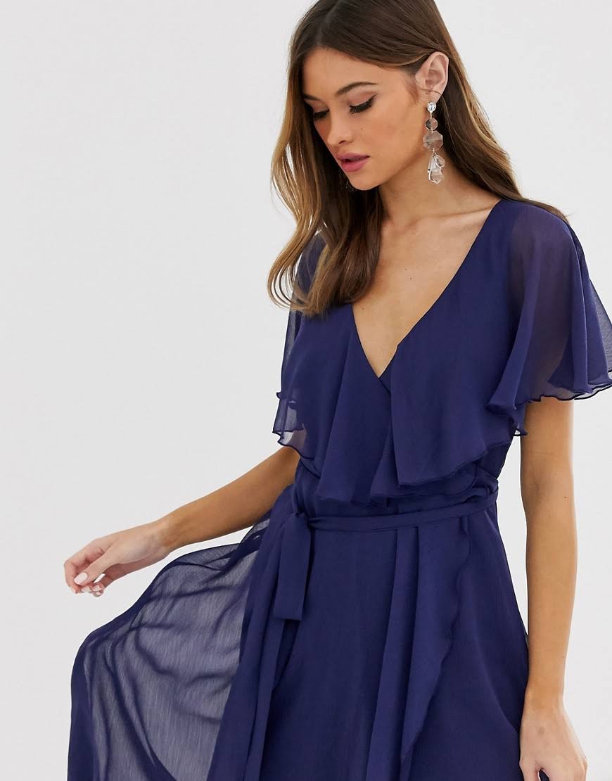 Navy-Blue Cape Back Dipped Hem Midi Dress O7367