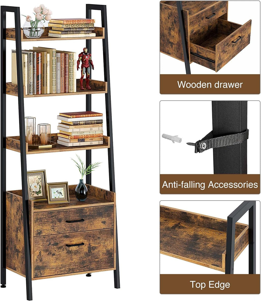Rustic Brown 4 Tier Ladder Shelf with 2 Drawers H311132