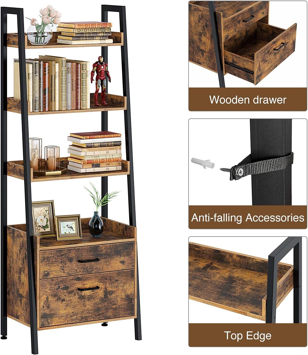 Rustic Brown 4 Tier Ladder Shelf with 2 Drawers H311132