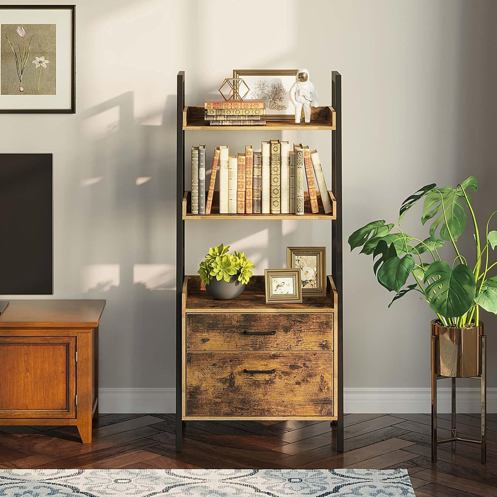 Rustic Brown 4 Tier Ladder Shelf with 2 Drawers H311132