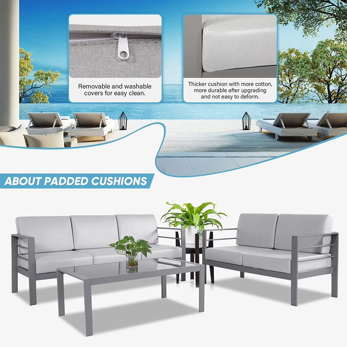 3 Pieces Metal Patio Sectional Sofa with Waterproof Cushion and Coffee Table I7894