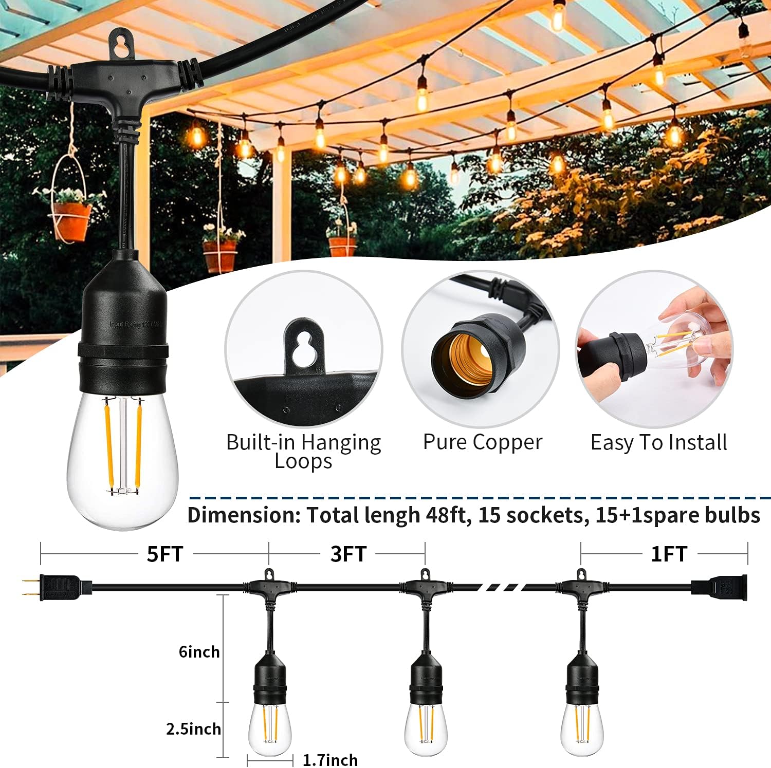2 Pack 48FT LED Outdoor String Lights with 2W Dimmable Edison Shatterproof Plastic Bulbs Weatherproof Strand M6133