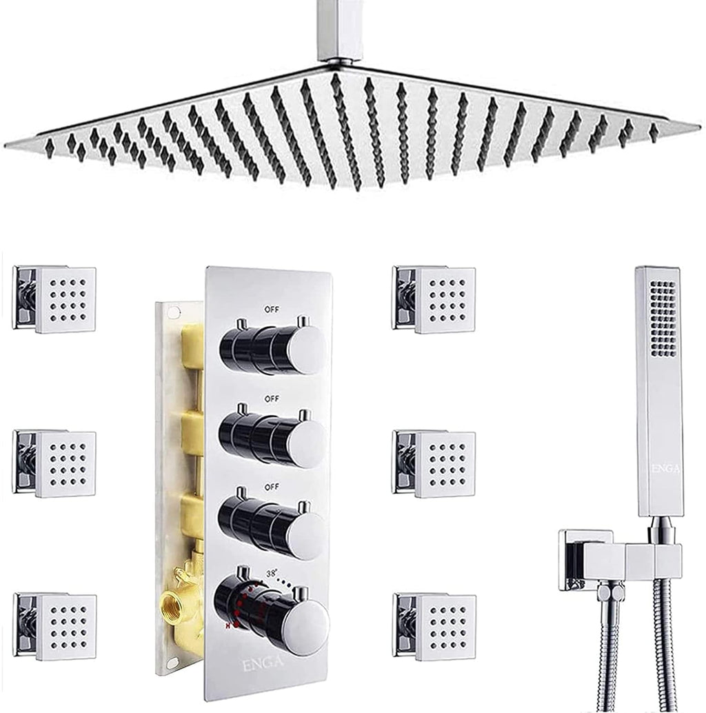 Brushed Nickel 16inch Rainfall Shower System with Body Jets Thermostatic Mixer Shower Faucet Set V6702