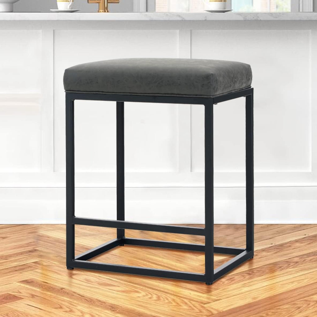 24 Counter Stools Bar Chair with Footrest Pu Leather Backless Kitchen Dining Cafe Chair with Thick Cushion & Sturdy Chromed Metal Steel Frame Indoor Outdoor, Grey, 1PC M8709