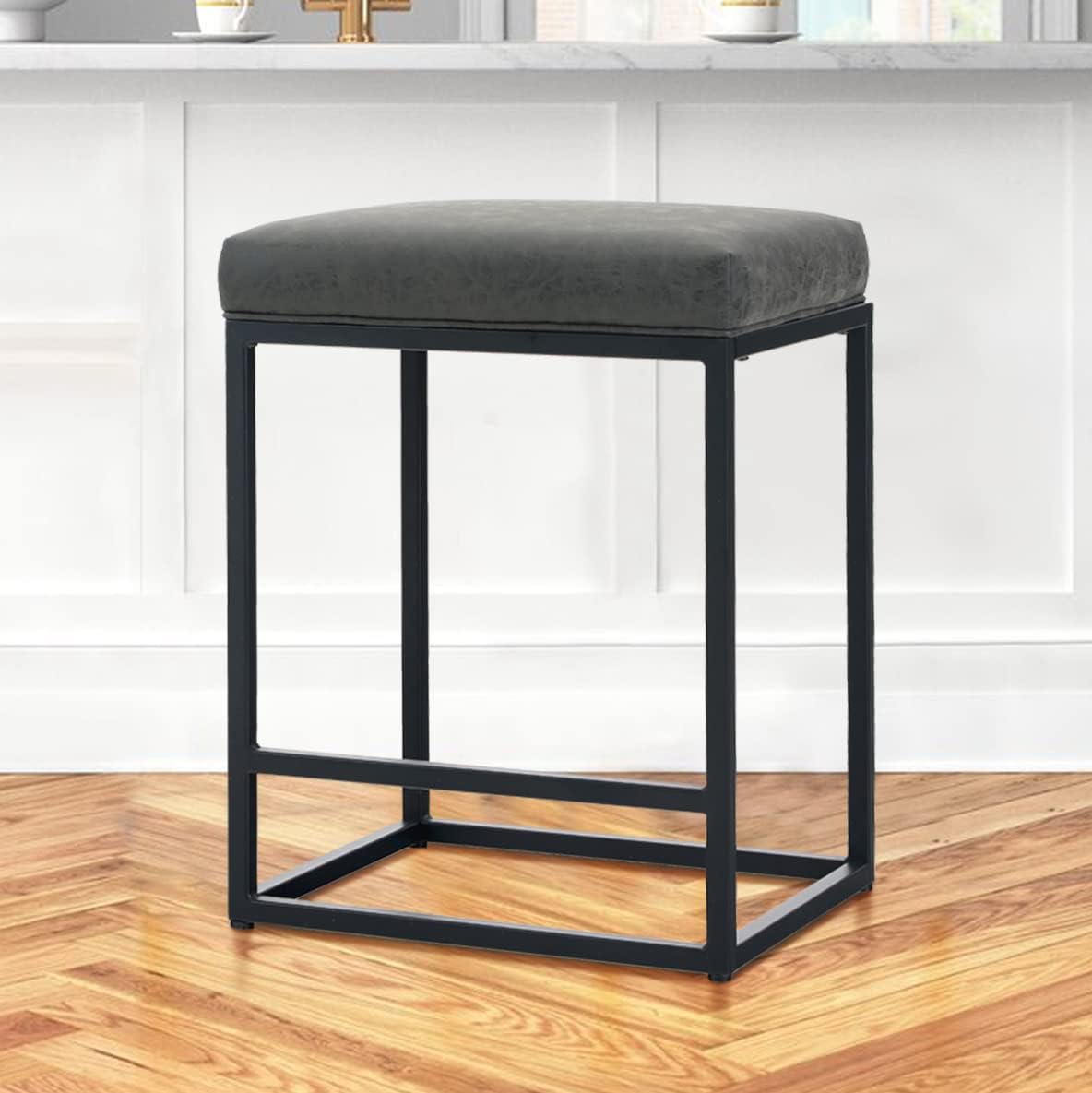 24 Counter Stools Bar Chair with Footrest Pu Leather Backless Kitchen Dining Cafe Chair with Thick Cushion & Sturdy Chromed Metal Steel Frame Indoor Outdoor, Grey, 1PC M8709