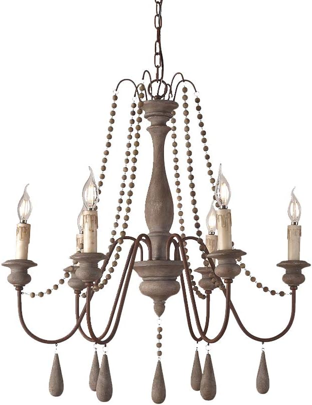 French Country Wood Bead Chandelier, 6 Lights, Gray U591