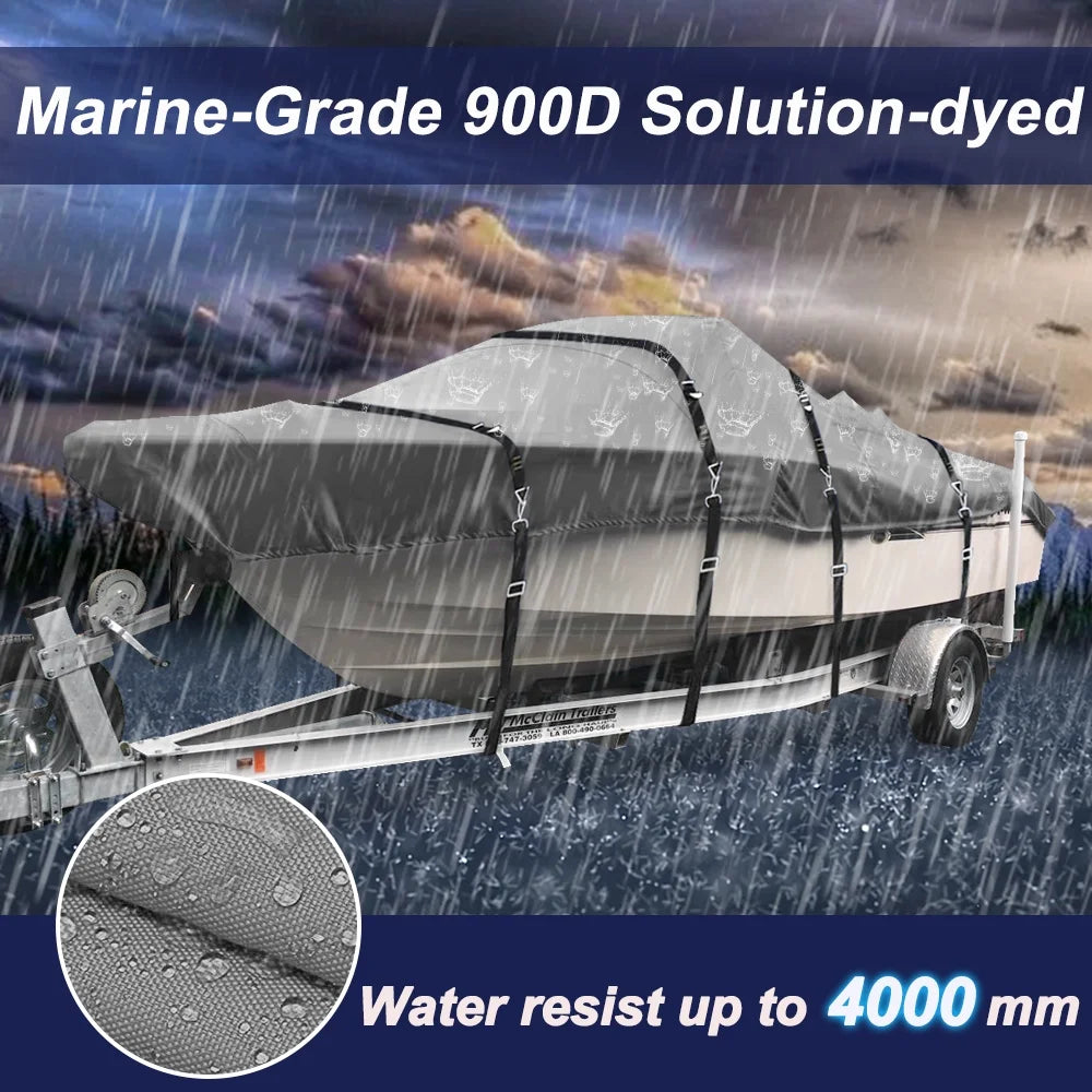 Trailerable Waterproof Heavy Duty Boat Cover for V-Hull, Tri-Hull, Runabout, 16'-18.5' Long, Gray X1673