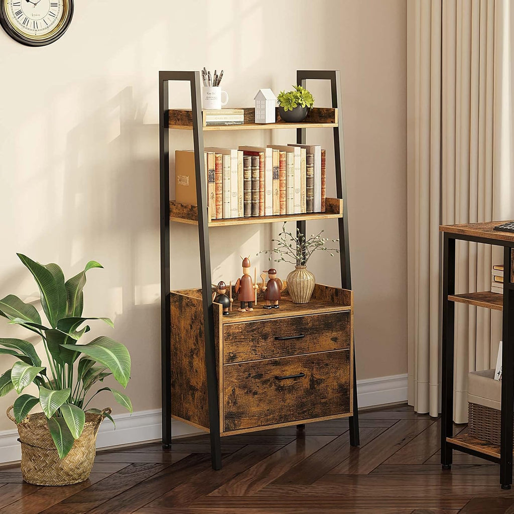 Rustic Brown 4 Tier Ladder Shelf with 2 Drawers H311132