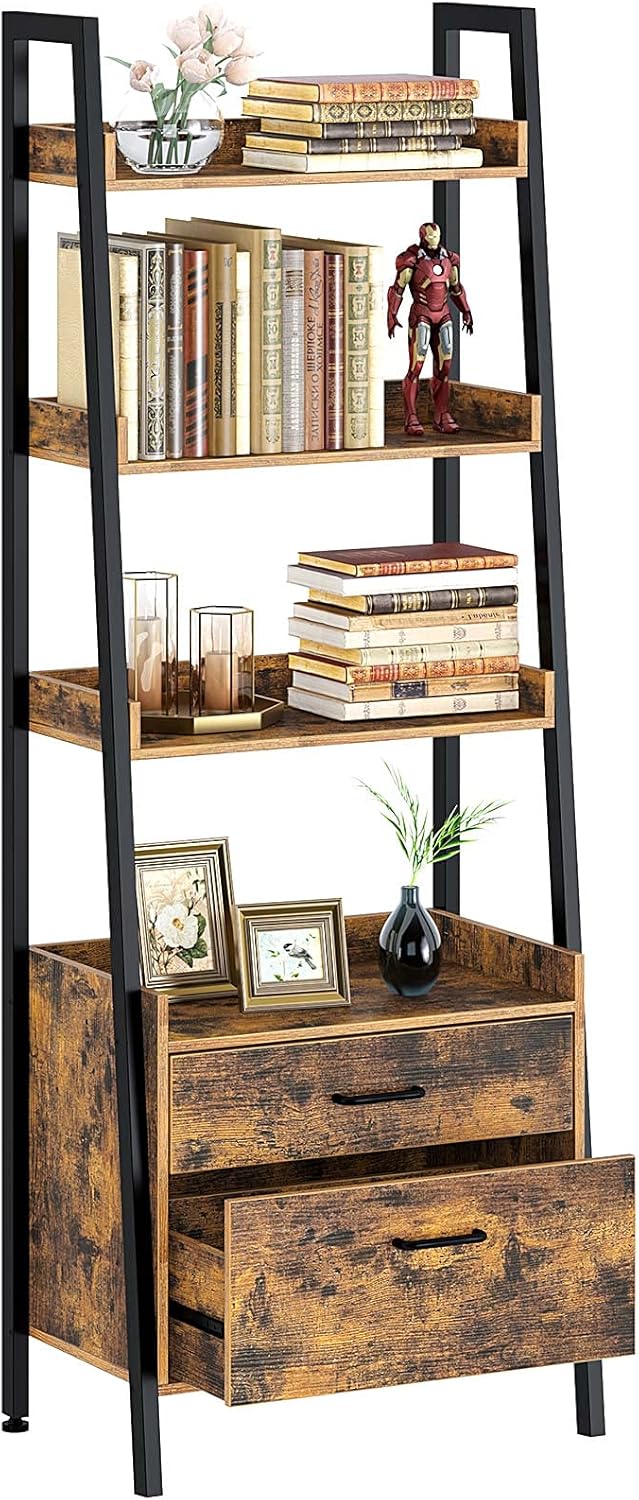 Rustic Brown 4 Tier Ladder Shelf with 2 Drawers H311132