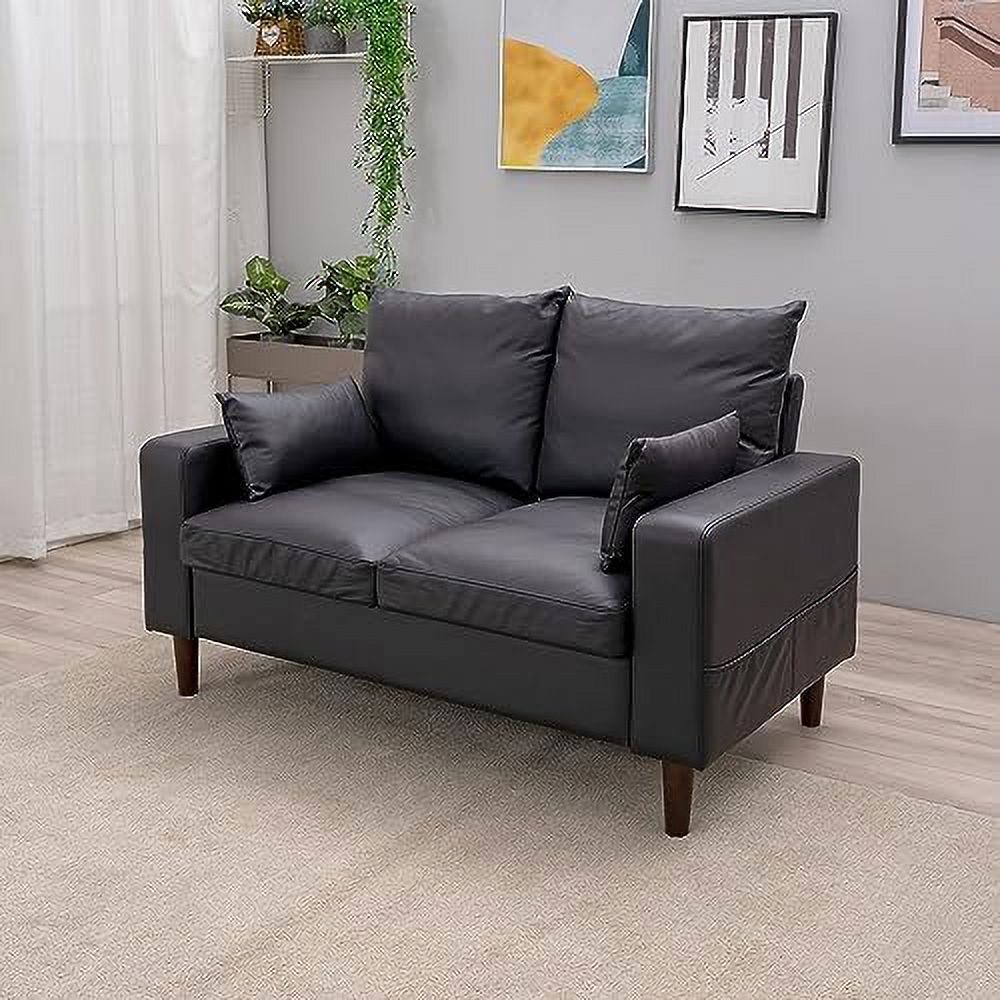 Black Faux Leather 2-Seat Sofa with Wood Leg F209418