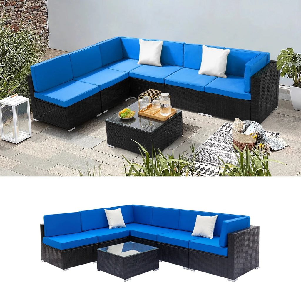 Blue and Black PE Rattan Patio Sectional Set with Table E66707