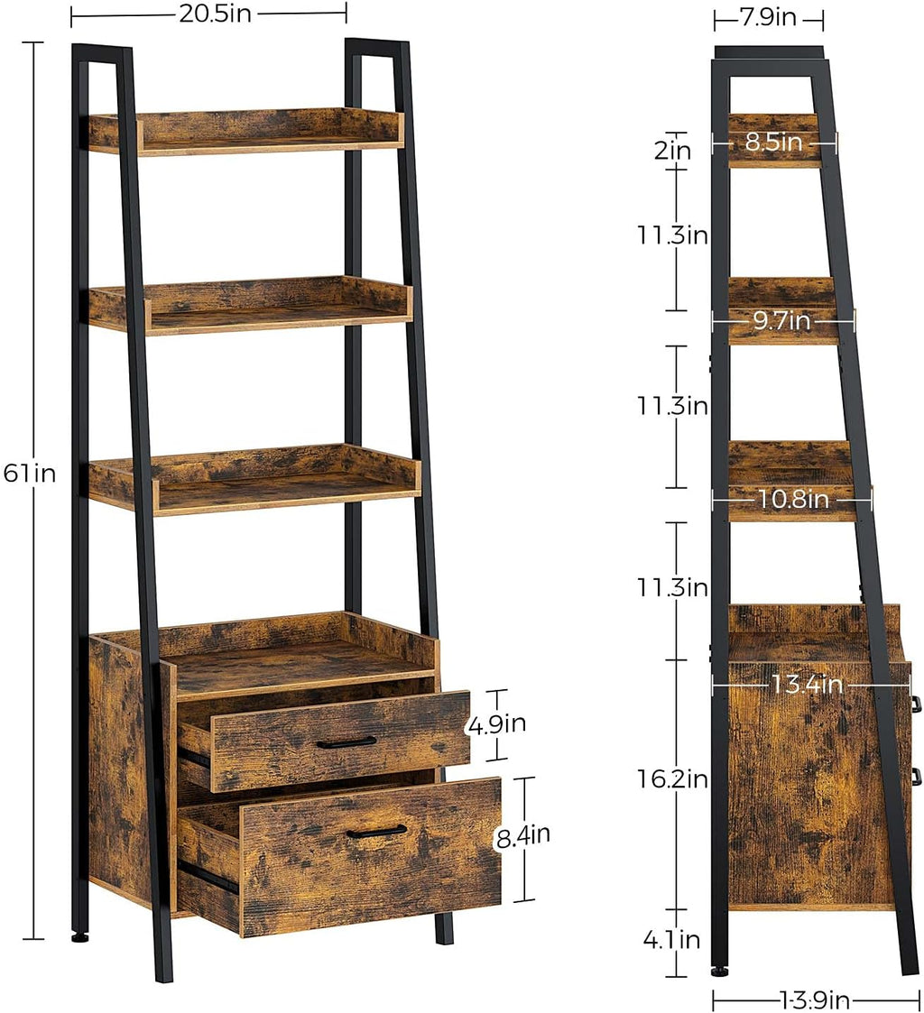 Rustic Brown 4 Tier Ladder Shelf with 2 Drawers H311132