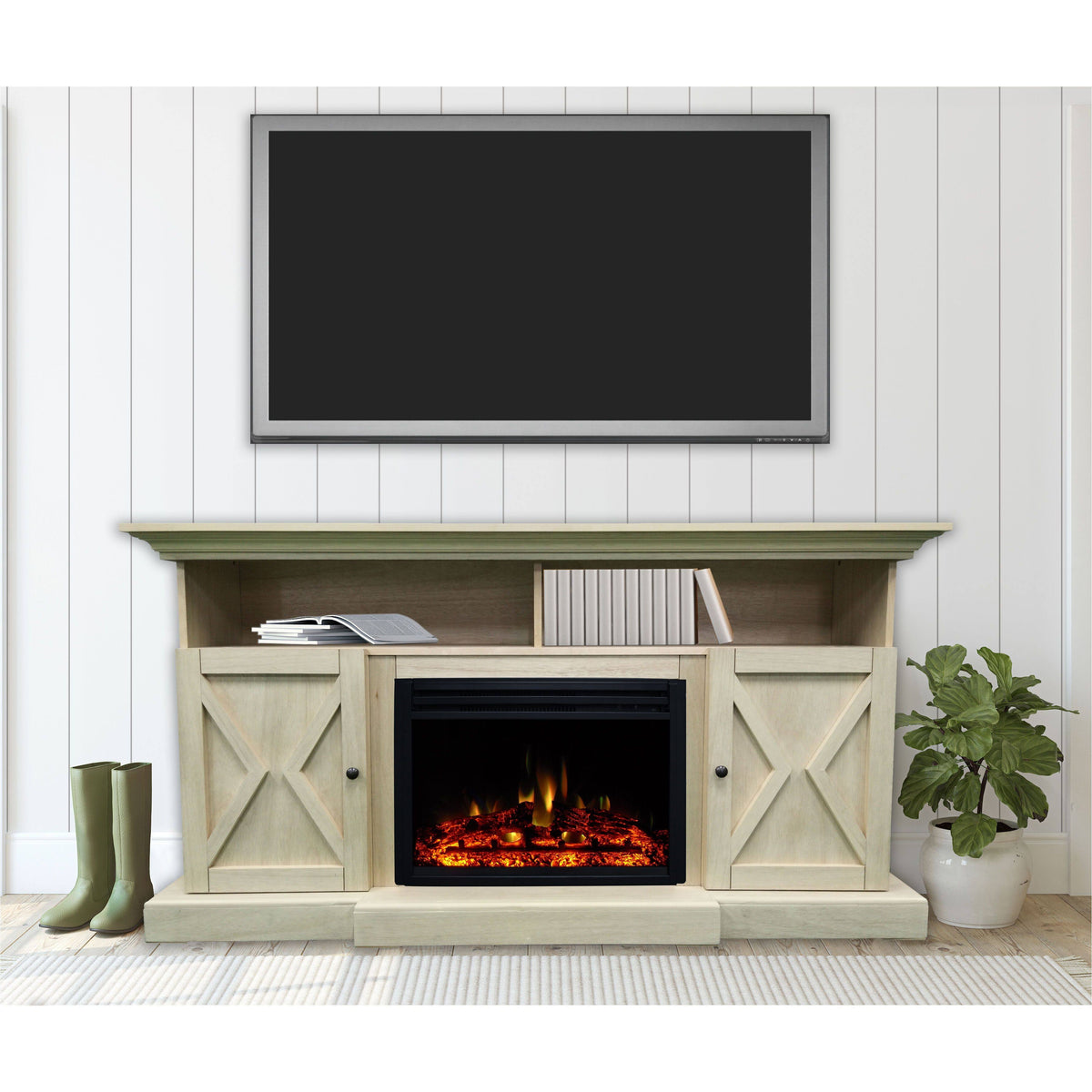 62-in. Electric Fireplace Mantel with Deep Log Insert, Sandstone L451052