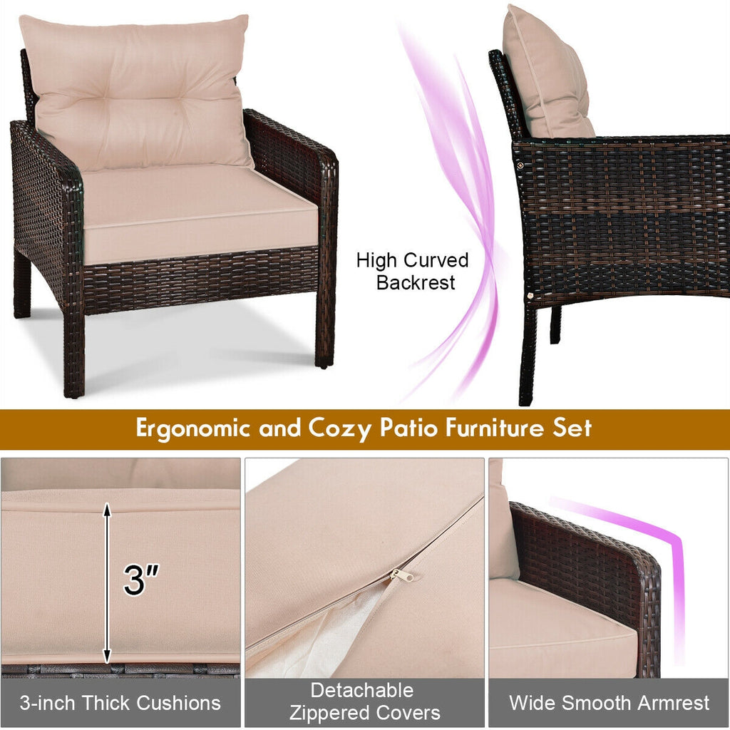 5 Pieces Patio Rattan Wicker Furniture Set Sofa Ottoman with Brown Cushion Armchair Set A683
