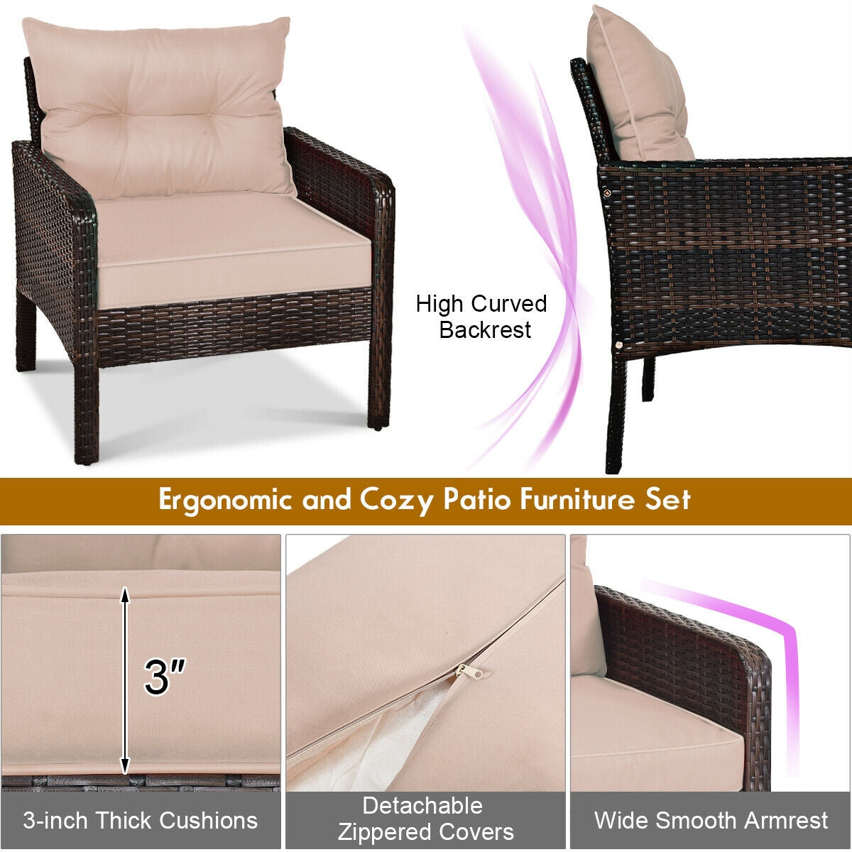 5 Pieces Patio Rattan Wicker Furniture Set Sofa Ottoman with Brown Cushion Armchair Set A683