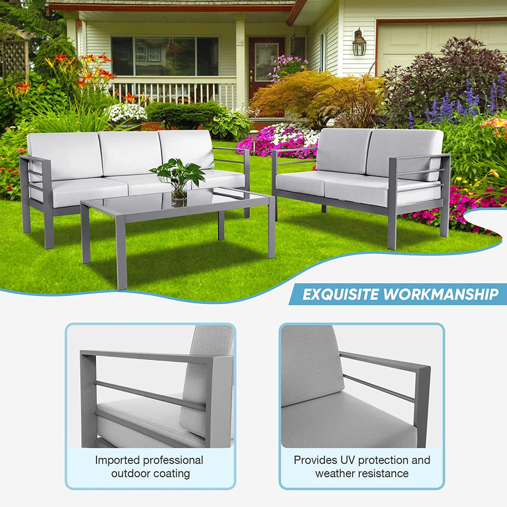 3 Pieces Metal Patio Sectional Sofa with Waterproof Cushion and Coffee Table I7894