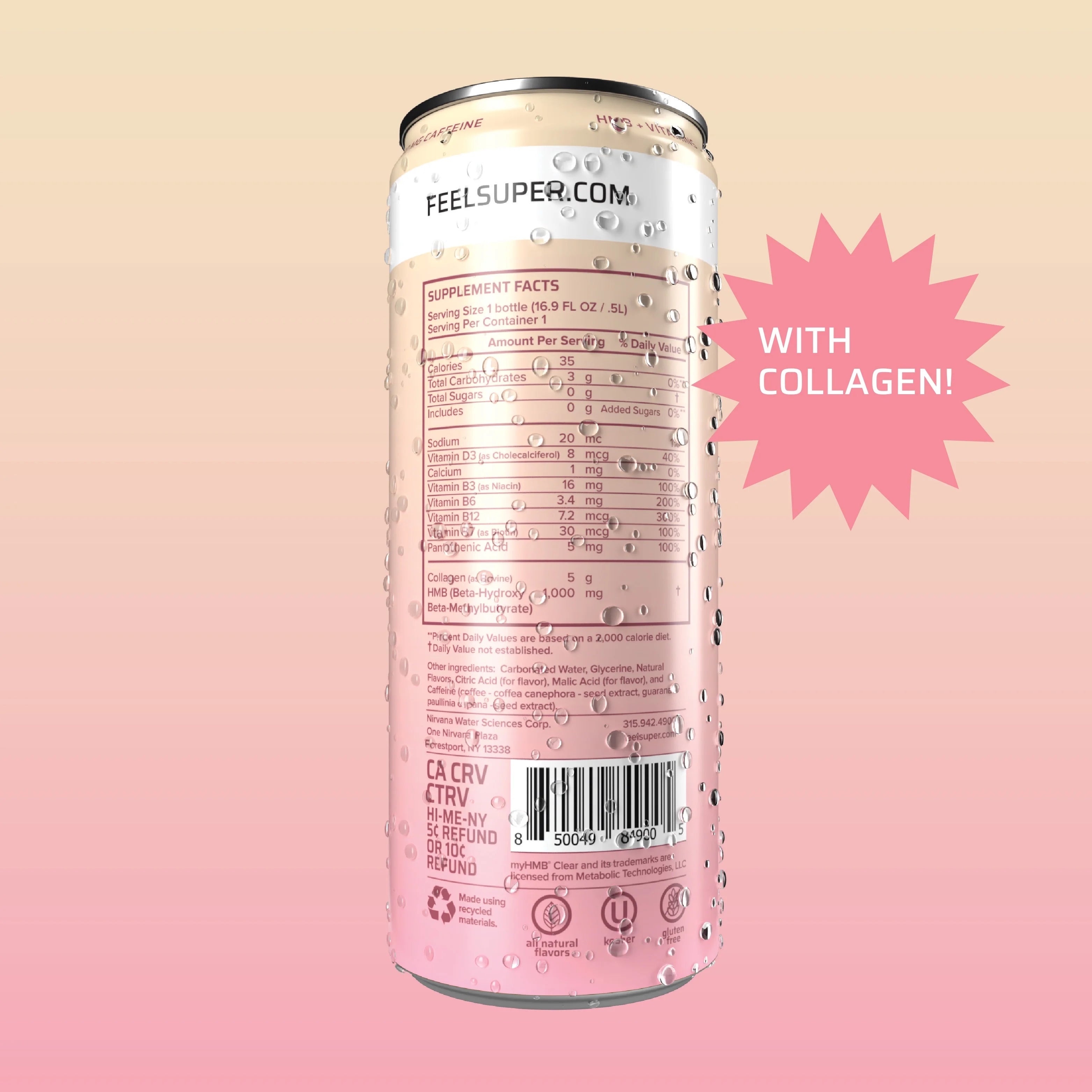 Strawberry Cream HMB-infused Seltzer with Vitamin D3, B-Complex, Caffeine, and Collagen (12 fl oz cans) W358677