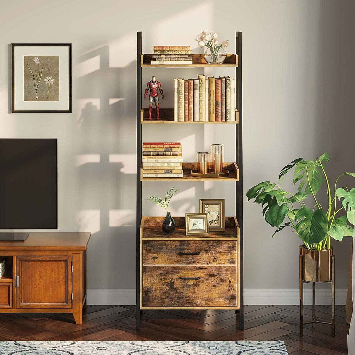 Rustic Brown 4 Tier Ladder Shelf with 2 Drawers H311132