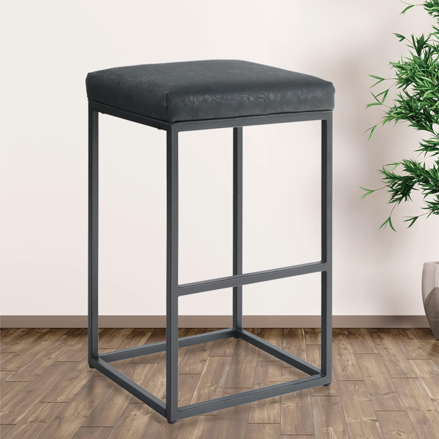 24 Counter Stools Bar Chair with Footrest Pu Leather Backless Kitchen Dining Cafe Chair with Thick Cushion & Sturdy Chromed Metal Steel Frame Indoor Outdoor, Grey, 1PC M8709