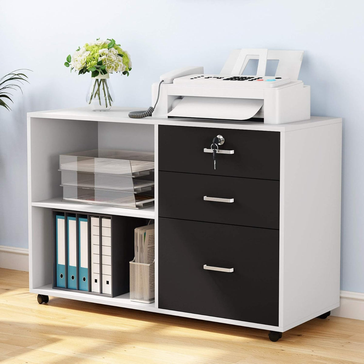 Black 3 Drawer Mobile Lateral File Cabinet with Lock T2241