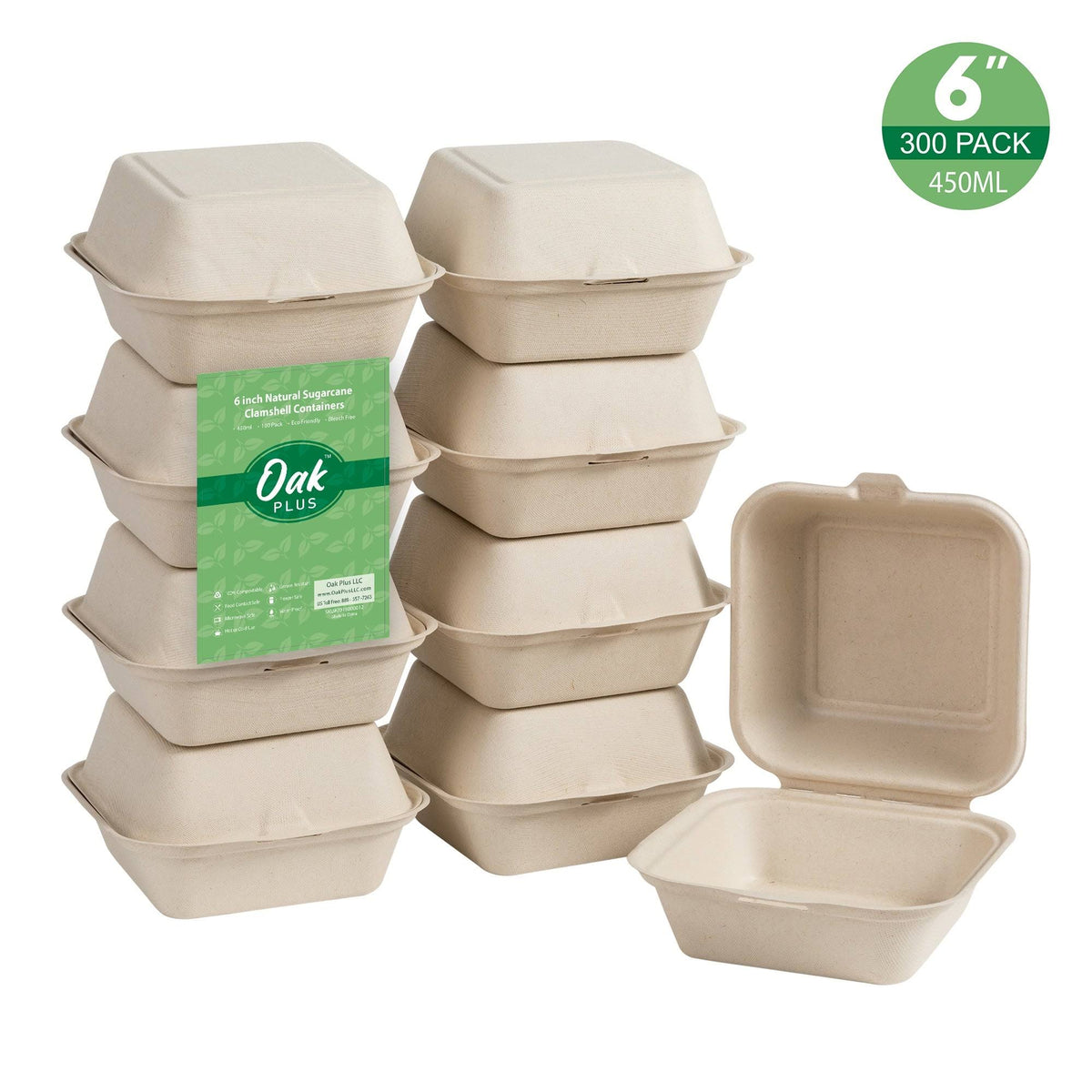 Disposable Sugarcane Clamshell Containers 300 Pack 450ml T822