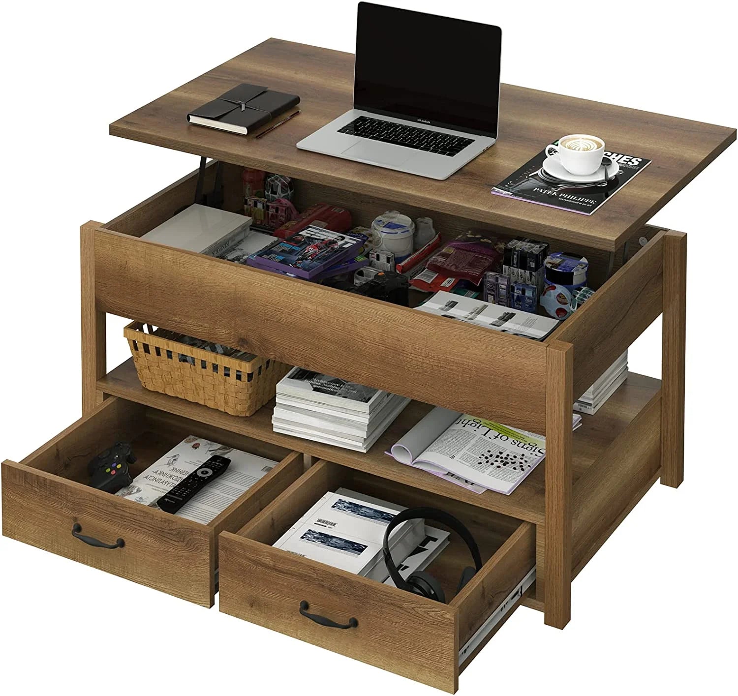 Rustic Brown Wood Lift Top Coffee Table with 2 Storage Drawers F8575