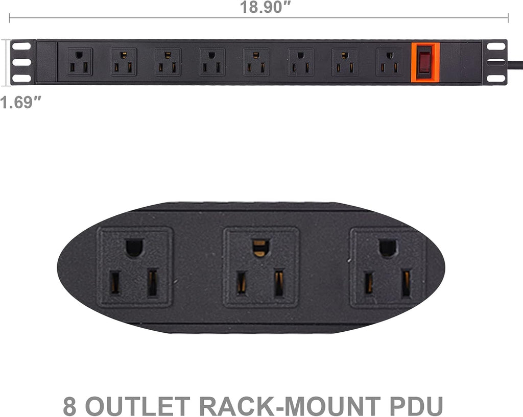 Black 1U Rack Mount PDU, 8 Outlets, 15A/125V, 6ft Cord, Pack of 2 J609398