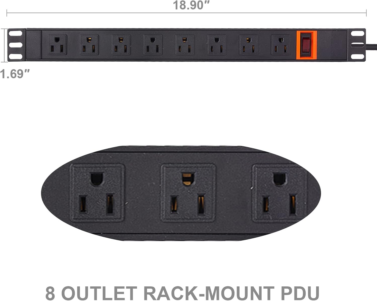 Black 1U Rack Mount PDU, 8 Outlets, 15A/125V, 6ft Cord, Pack of 2 J609398