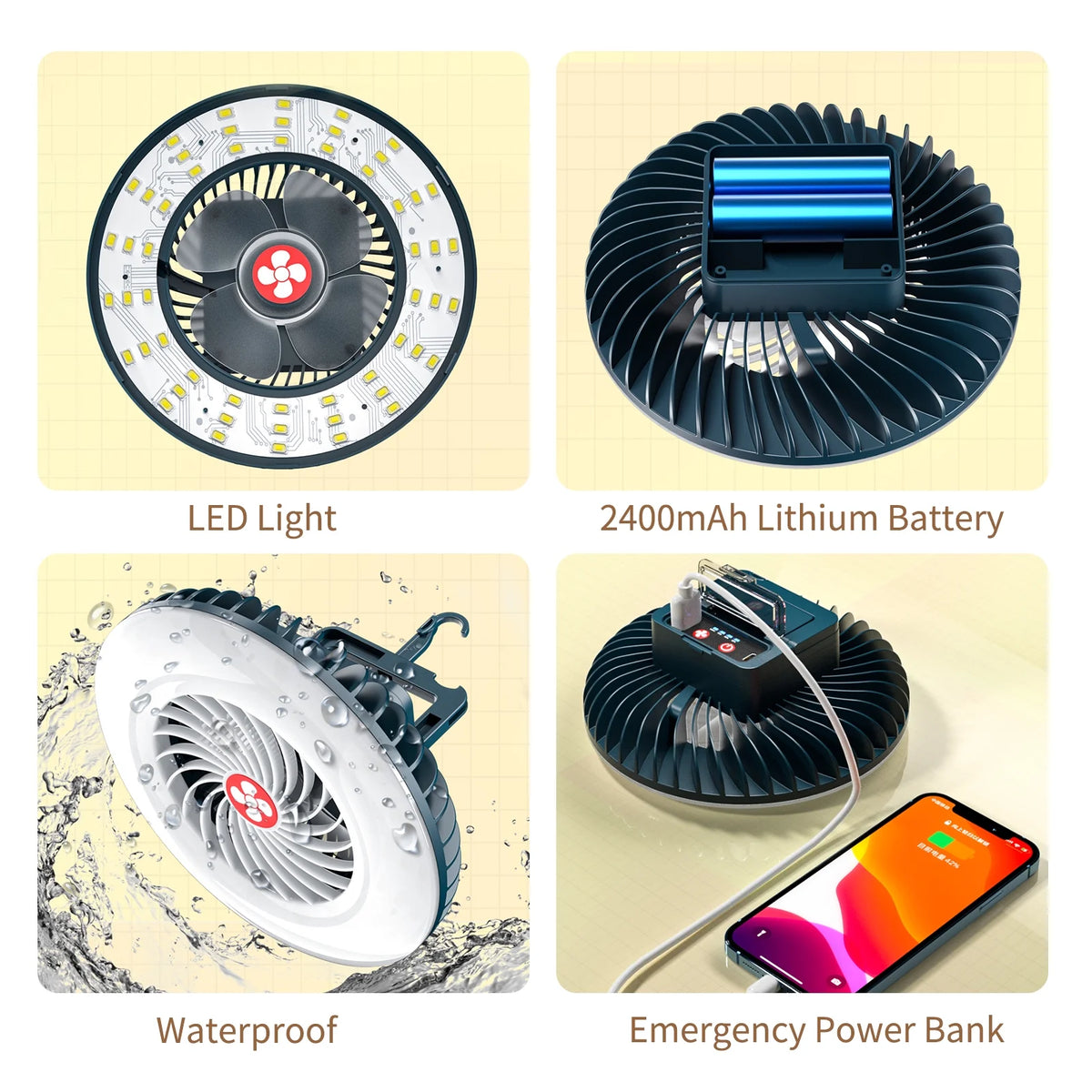 LED Hanging Fan 2 in 1 Camping Tent Fan with Hanging Hook Back Magnet B610