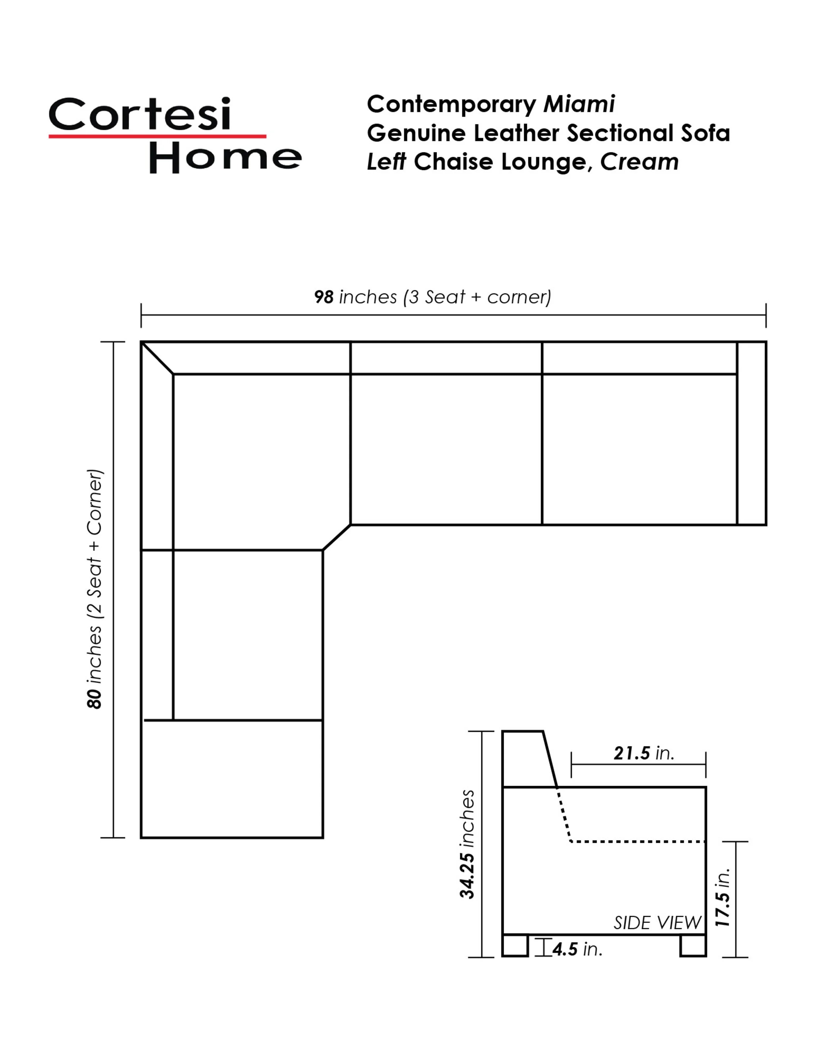 Off White Leather Sectional Sofa with Left Facing Chaise Lounge A386
