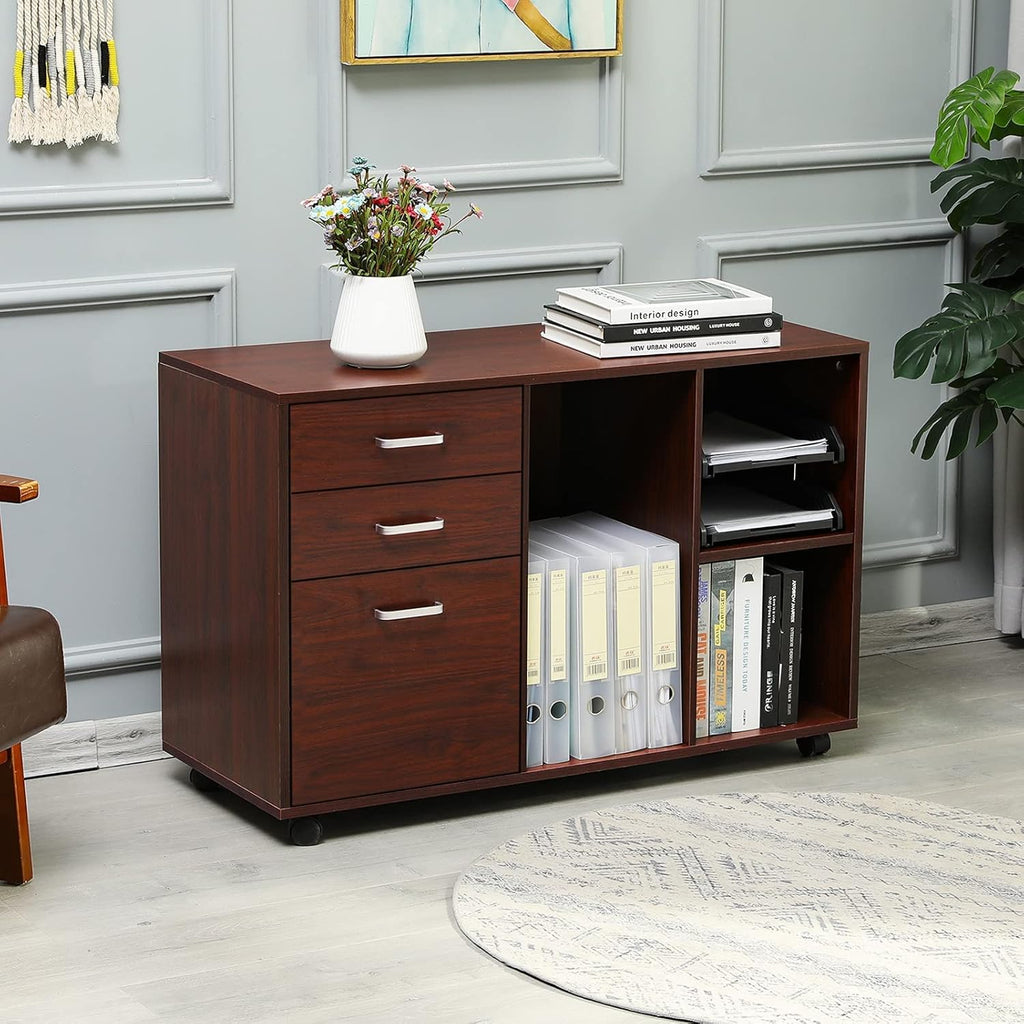 Cherry-red 3 Drawer Wood File Cabinet with Open Storage Shelves on Wheels L6149