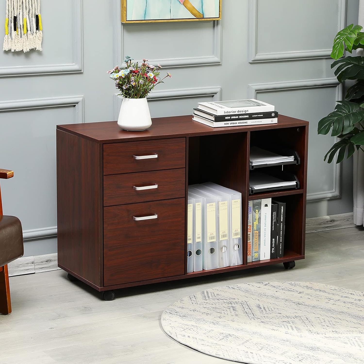 Cherry-red 3 Drawer Wood File Cabinet with Open Storage Shelves on Wheels L6149
