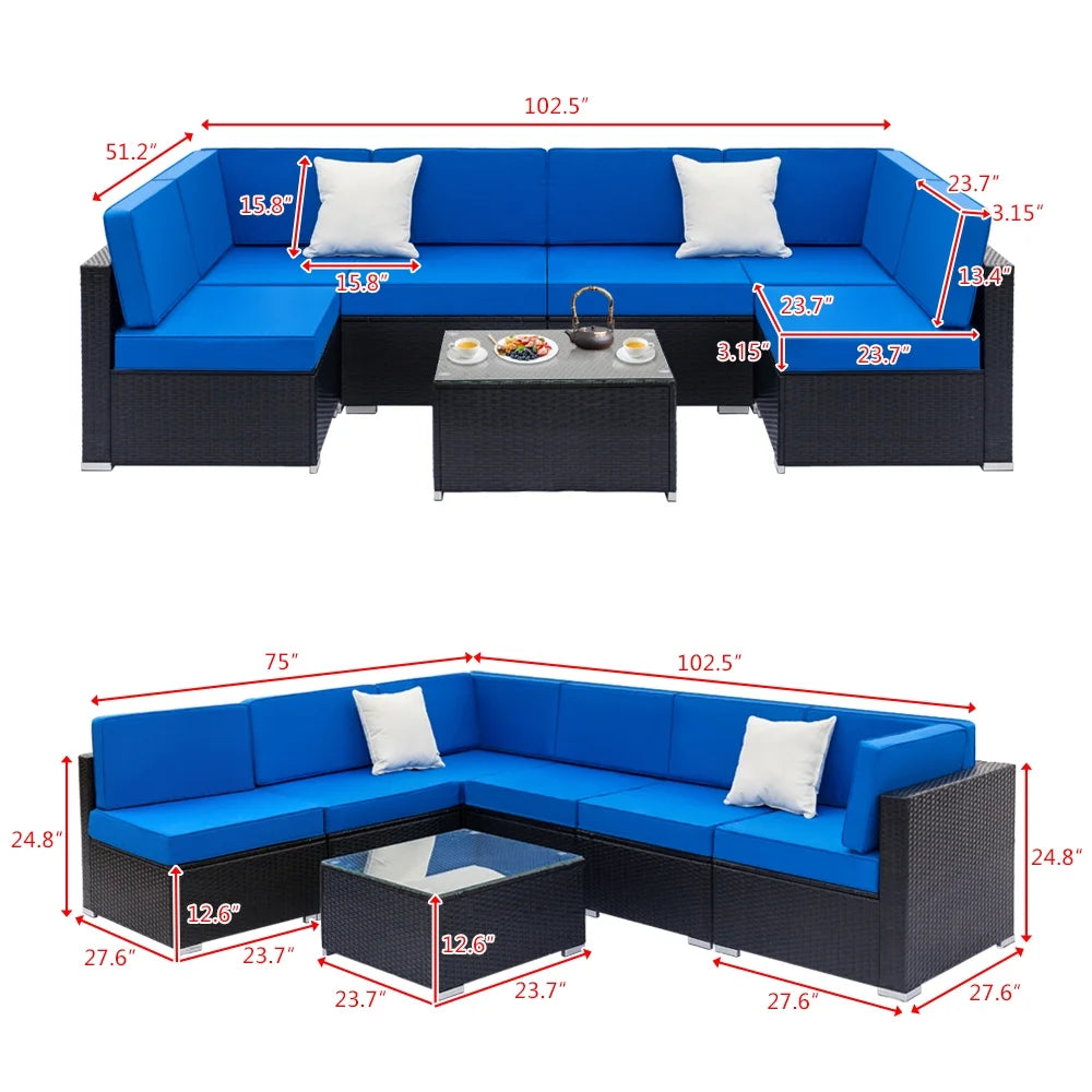 Blue and Black PE Rattan Patio Sectional Set with Table E66707