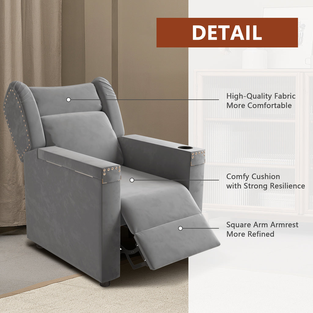 Gray Velvet Recliner Chair with Cup Holder and Table L23294