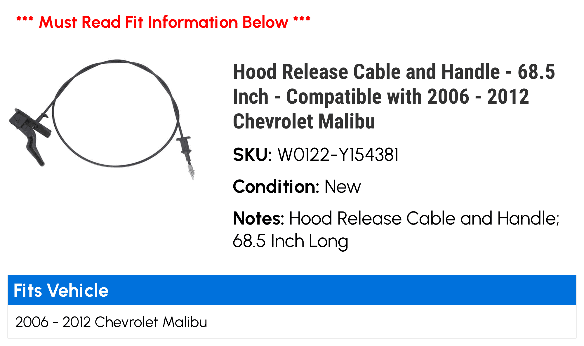 Hood Release Cable and Handle 68.5 Inch I9714