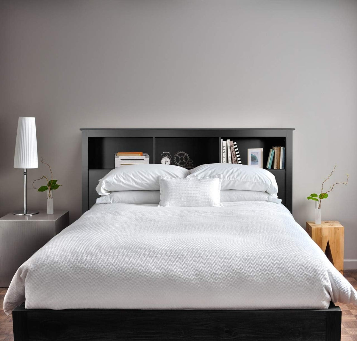 Queen Size Solid Black Wood Bookcase Headboard V9689