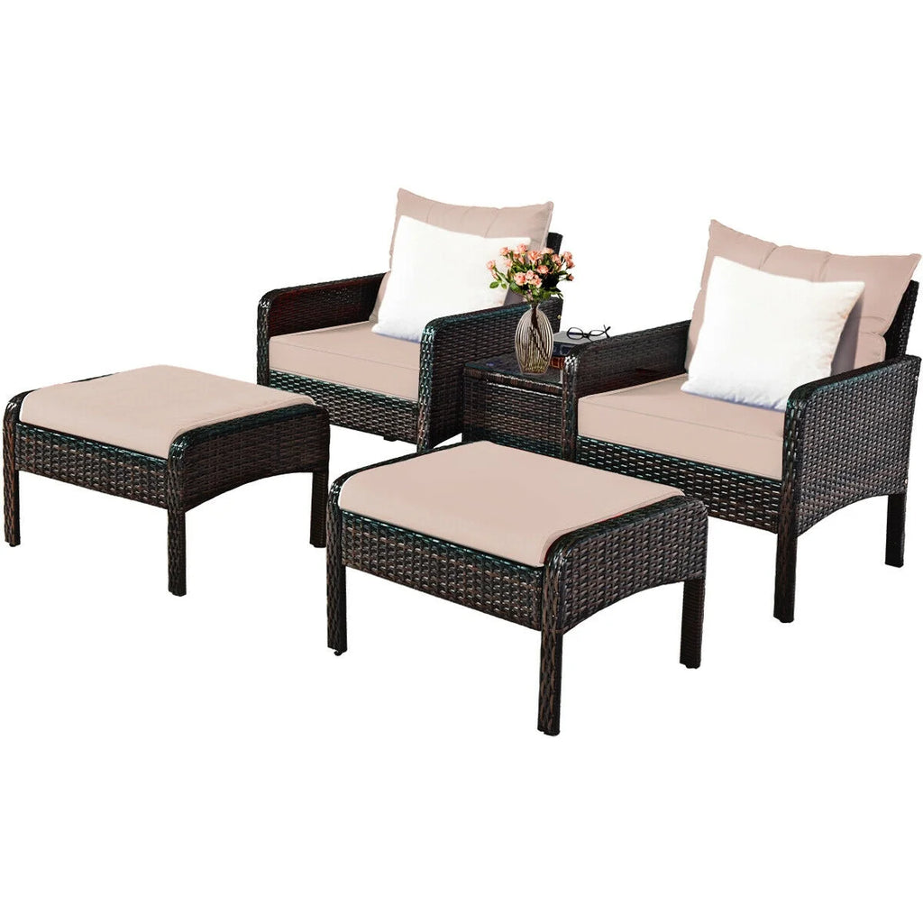 5 Pieces Patio Rattan Wicker Furniture Set Sofa Ottoman with Brown Cushion Armchair Set A683