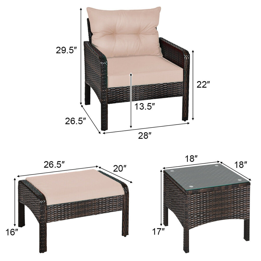 5 Pieces Patio Rattan Wicker Furniture Set Sofa Ottoman with Brown Cushion Armchair Set A683