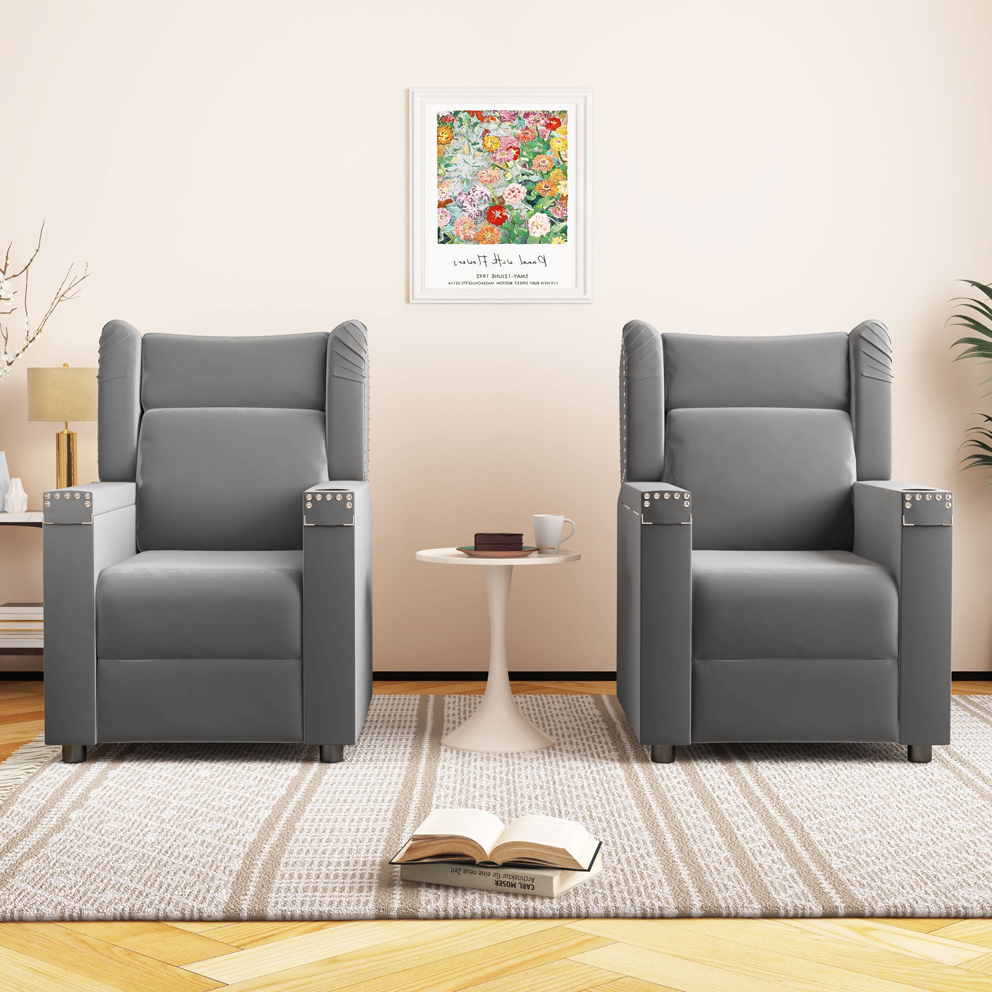Gray Velvet Recliner Chair with Cup Holder and Table L23294