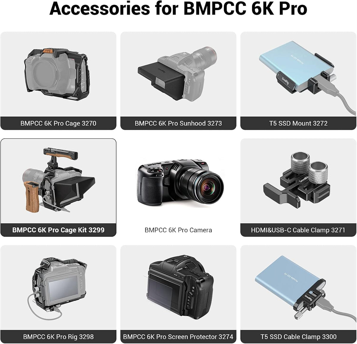 Camera Cage Accessory Kit with Top Handle Wooden Side Handle HDMI Cable Clamp SSD Clamp Sunhood NATO Rail Screen Protector V551317