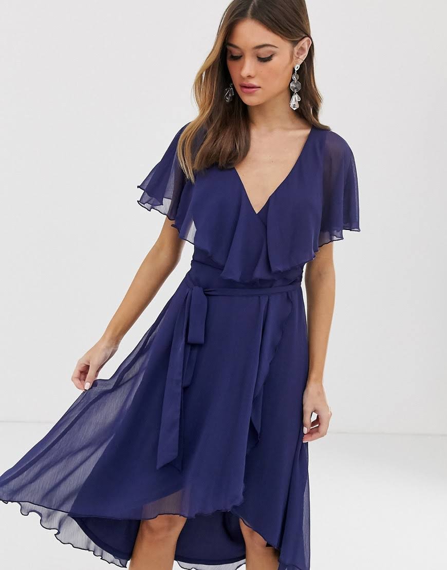 Navy-Blue Cape Back Dipped Hem Midi Dress O7367