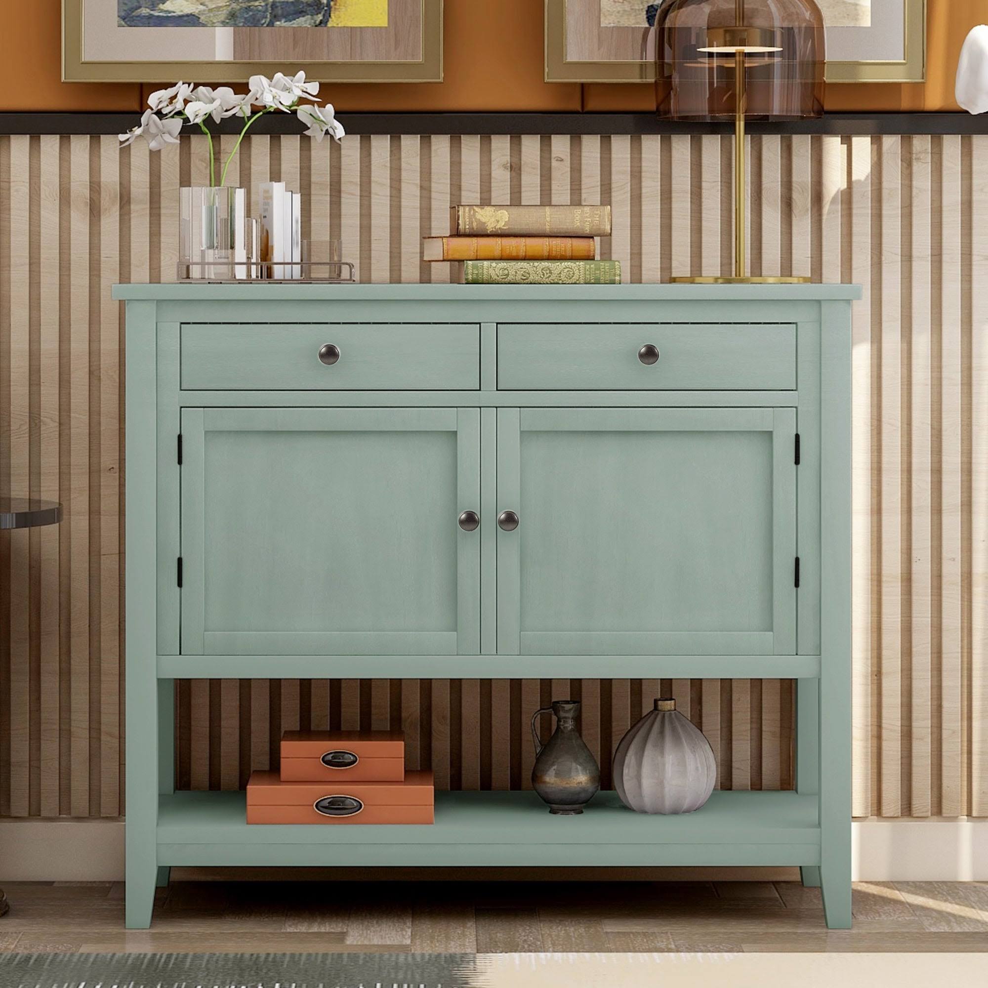 Green Console Table with 2 Drawers and 2 Cabinets F1978