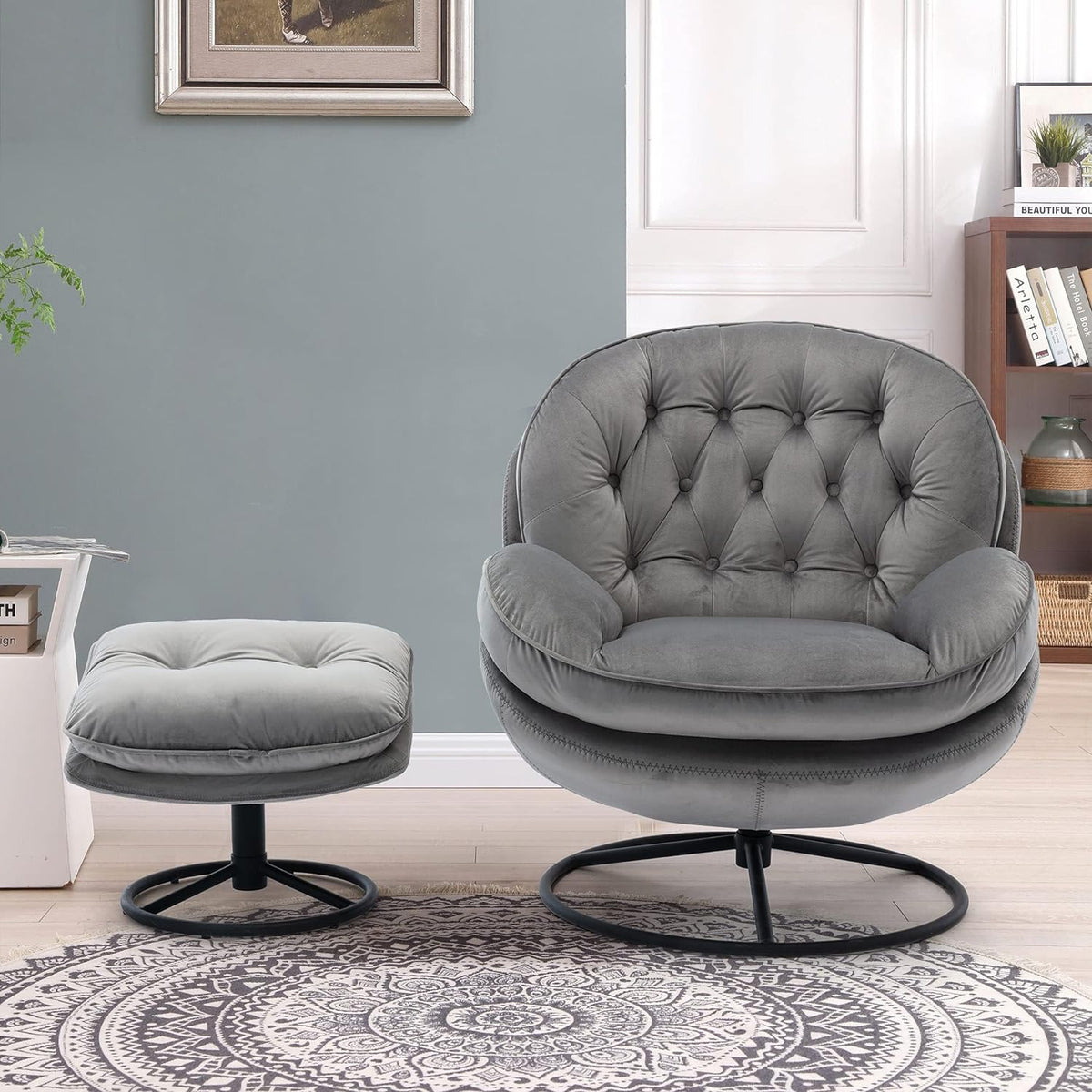 Grey Velvet Swivel Accent Chair with Ottoman and Metal Frame H972051