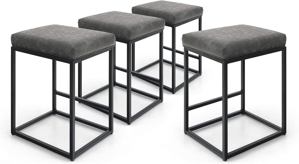 24 Counter Stools Bar Chair with Footrest Pu Leather Backless Kitchen Dining Cafe Chair with Thick Cushion & Sturdy Chromed Metal Steel Frame Indoor Outdoor, Grey, 1PC M8709