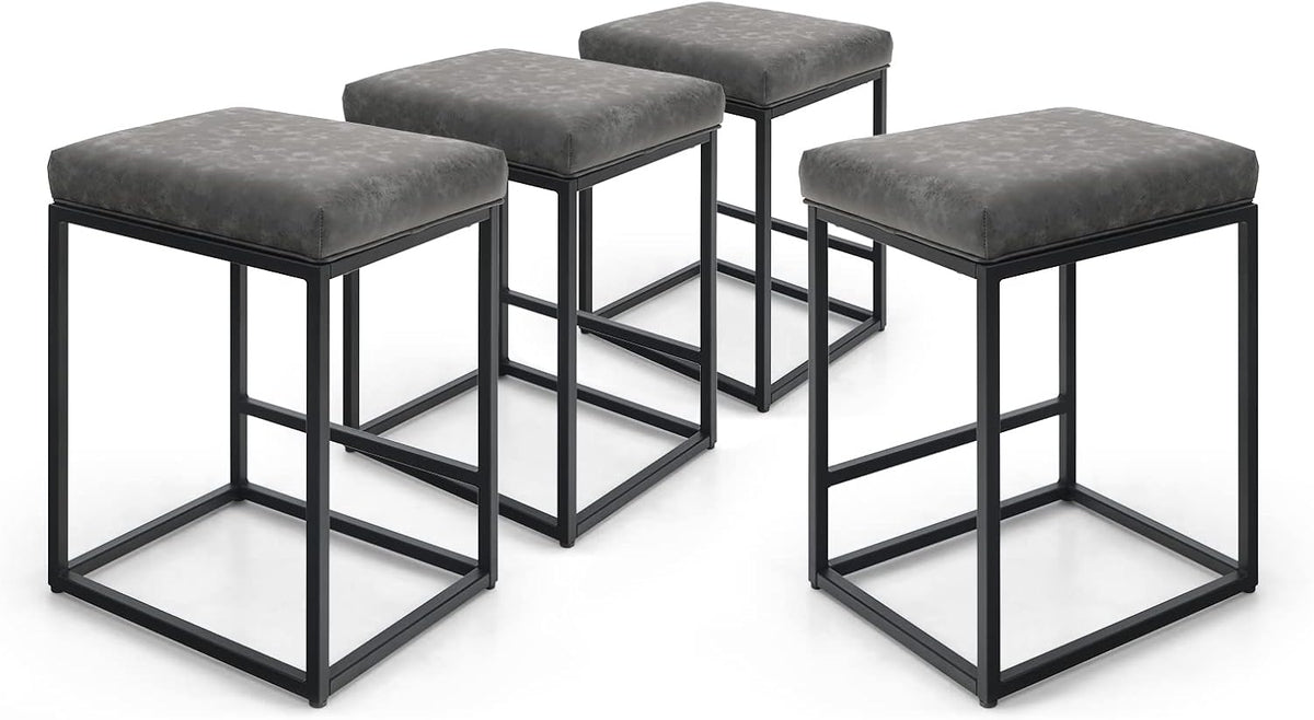 24 Counter Stools Bar Chair with Footrest Pu Leather Backless Kitchen Dining Cafe Chair with Thick Cushion & Sturdy Chromed Metal Steel Frame Indoor Outdoor, Grey, 1PC M8709