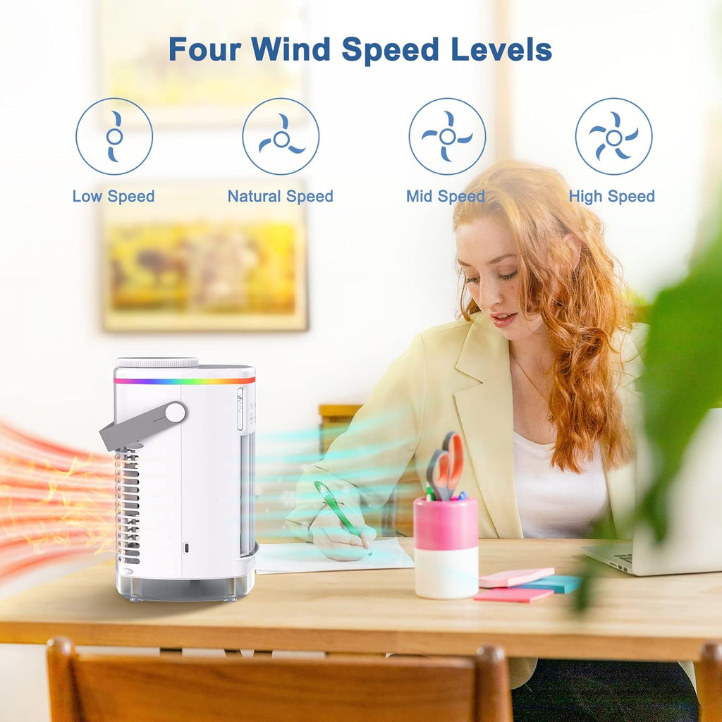 Portable Desktop Air Cooler Fan with 4 Wind Speed, LED Light, 2 Spray Humidify, 2-8H Timer, Pack of 2 E6357