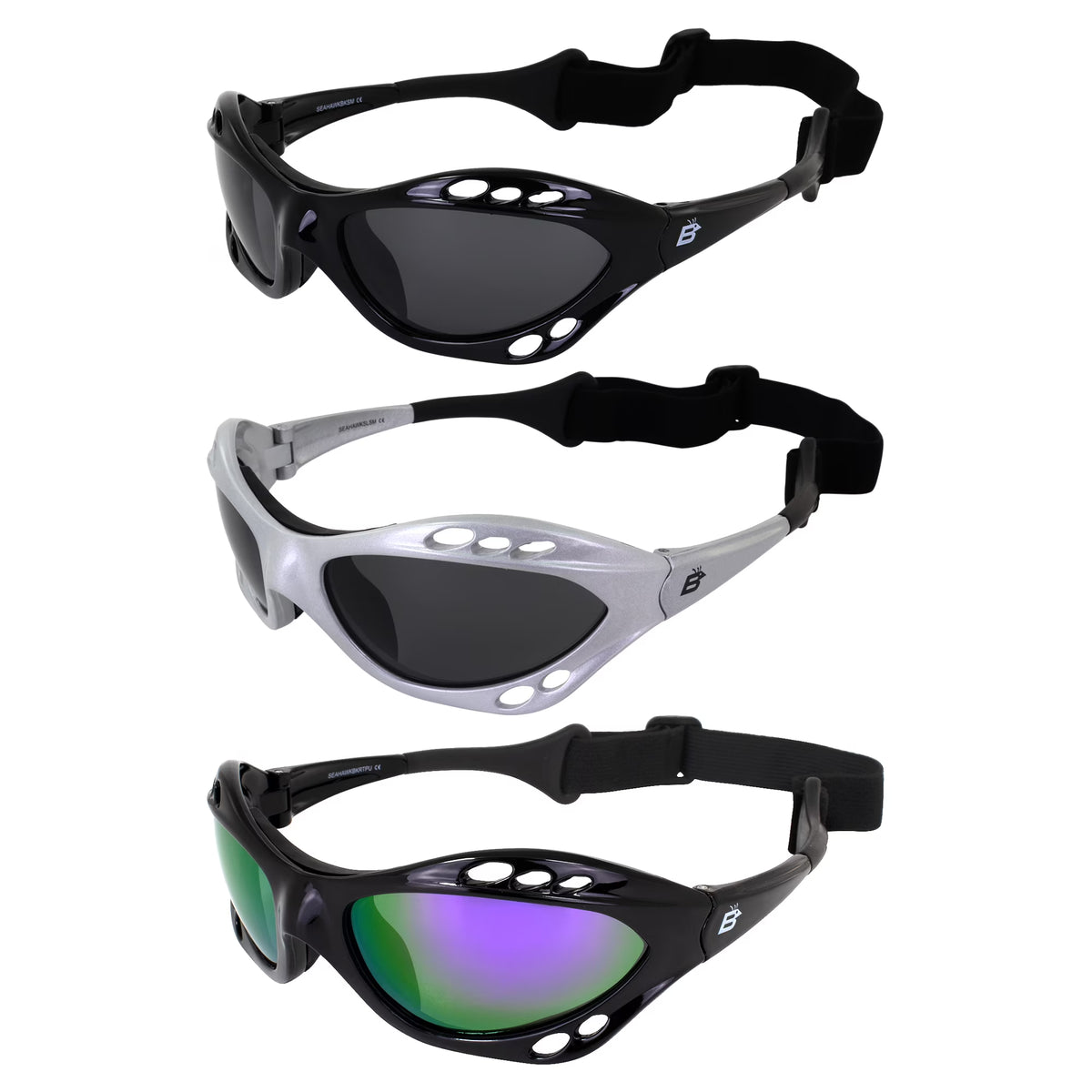 3 Pairs Padded Polarized Sunglasses with Strap, Silver & Black Frames with Smoke Lens & Black Frame with Purple Mirror Lens E51867