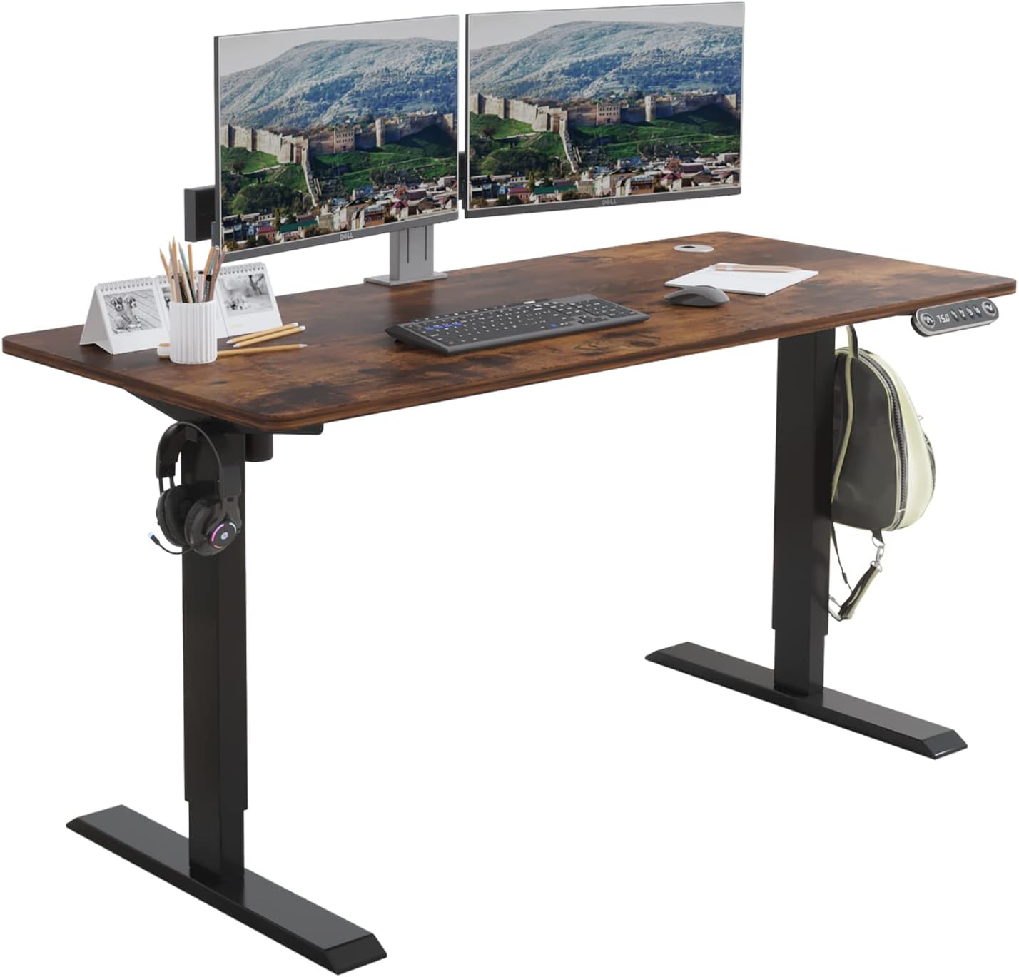 Black Frame Rustic Brown Top Height Adjustable Electric Standing Desk M178
