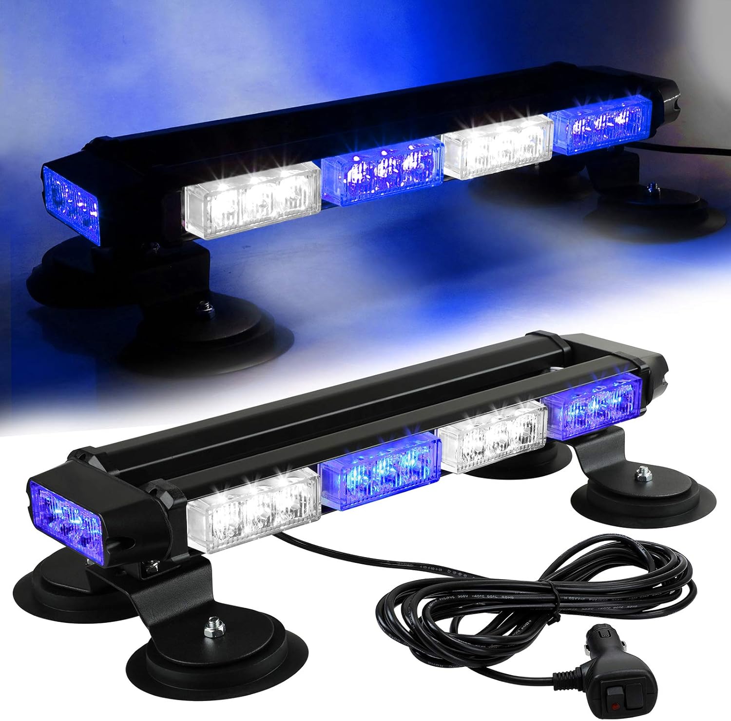 16.8 Inch LED Strobe Light Bar, 26 Flashing Modes, Magnetic Base, Blue White, Pack of 2 I233520